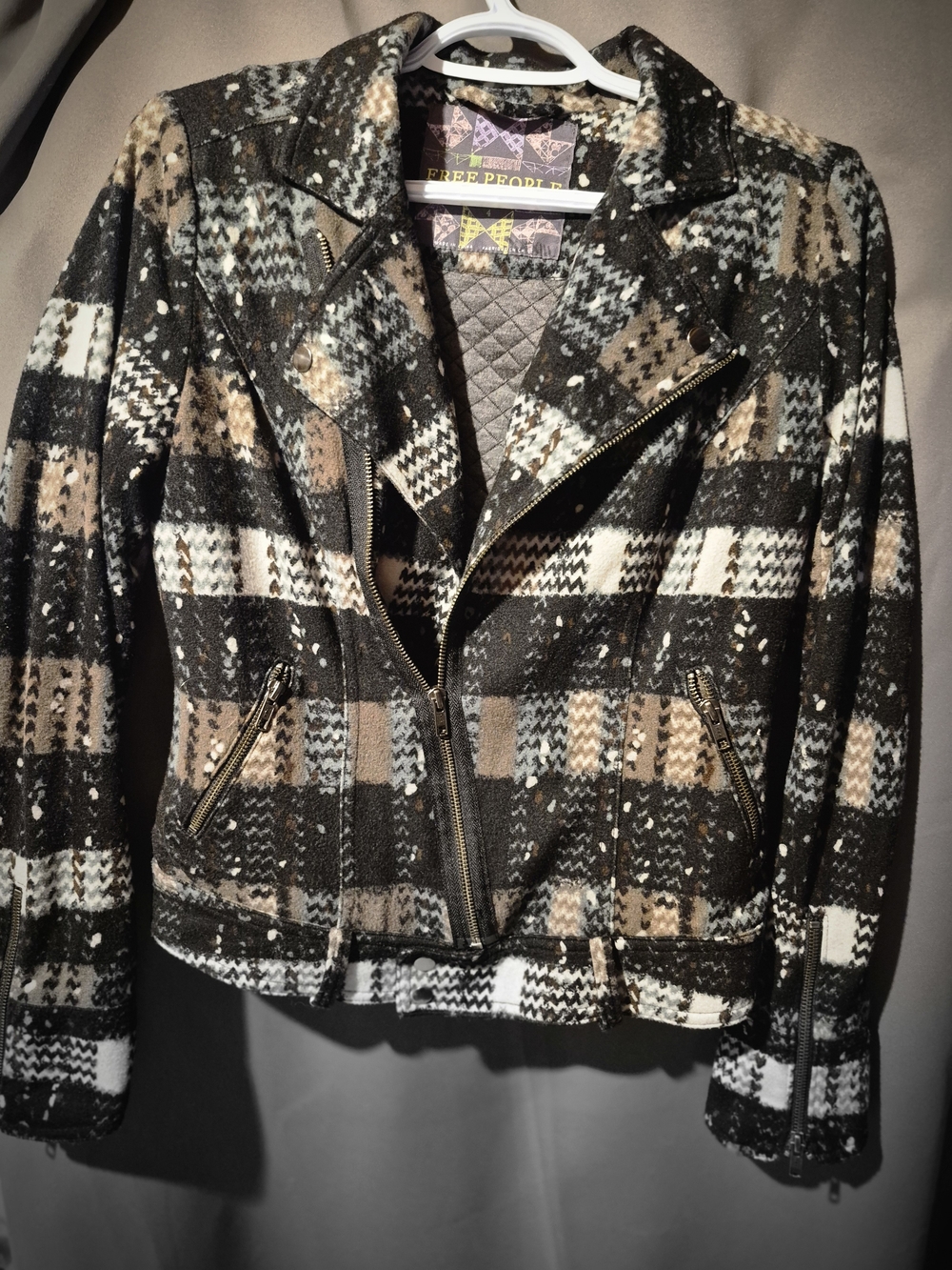 Free People Brown, Black & Cream Plaid Moto Jacket